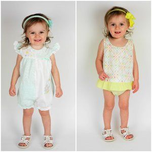 VTG Baby Girl Romper Green & white & yellow floral